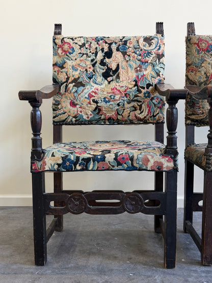 Italian Baroque upholstered walnut armchairs (left)