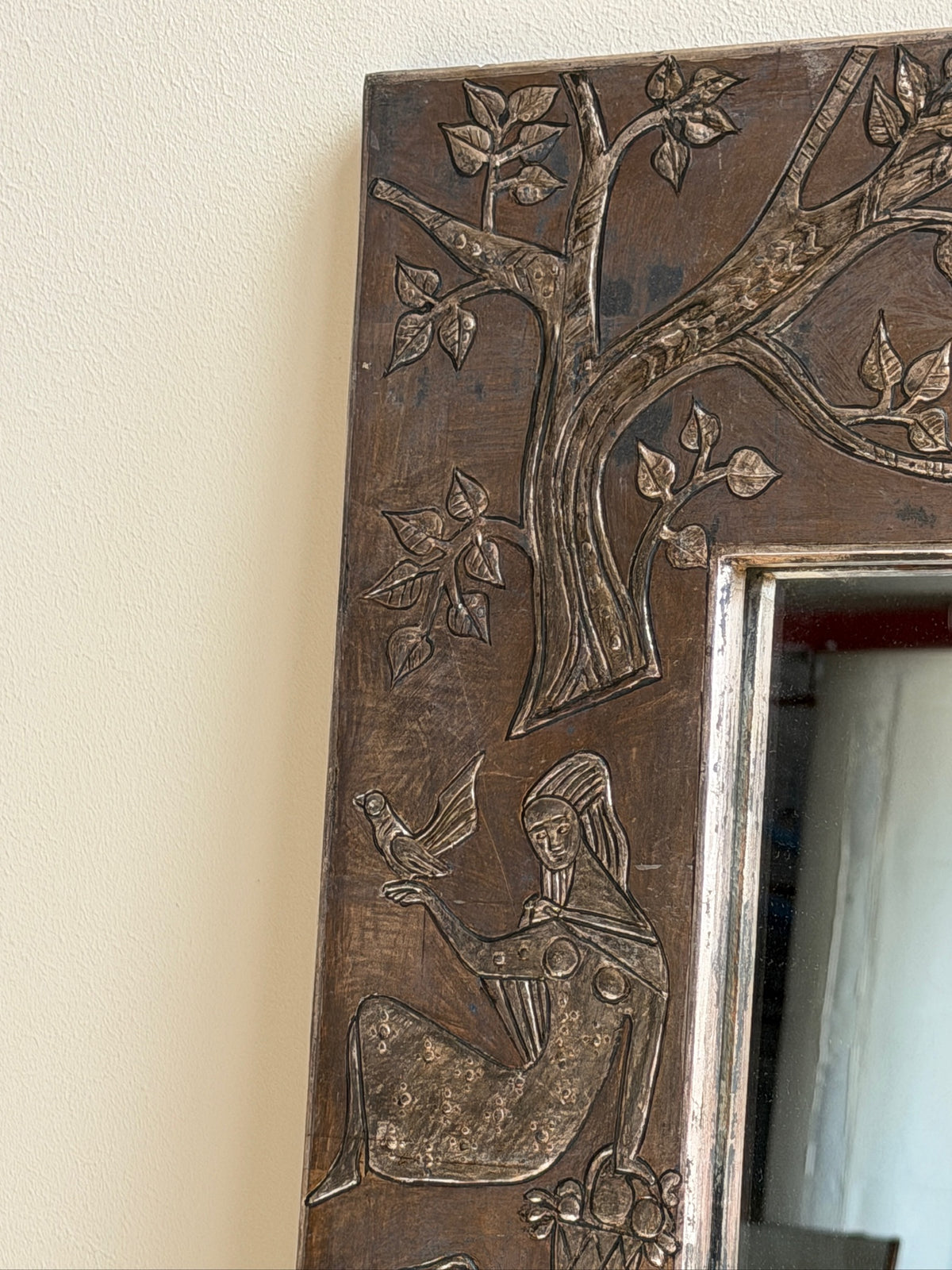 Mexican folk carved silver leaf wooden mirror