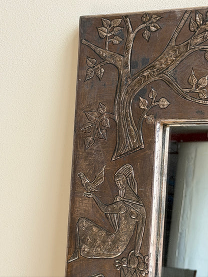 Mexican folk carved silver leaf wooden mirror