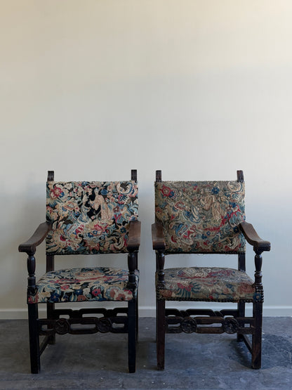 Italian Baroque upholstered walnut armchairs (left)