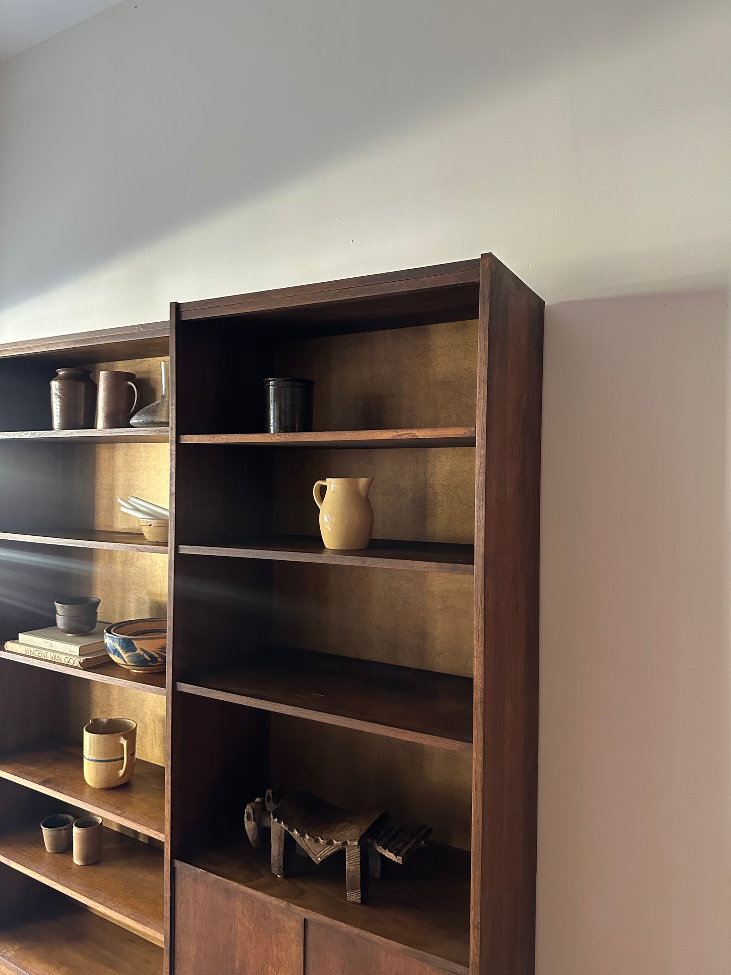 Walnut shelves with record storage