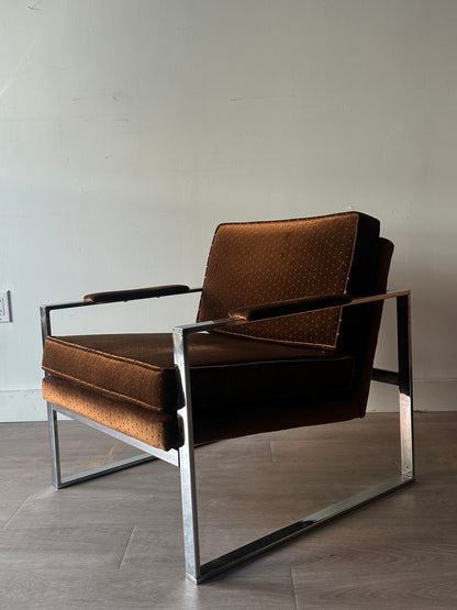 Chrome and brown velvet lounge chair