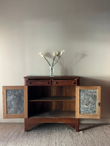 Pine pie safe with pinched tin