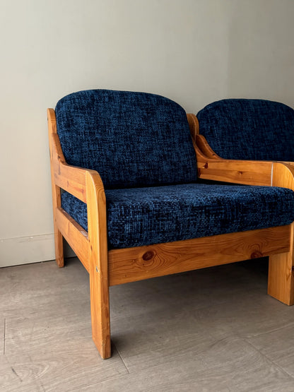 Scandinavian blue upholstered pine lounge chairs. Sold individually.
