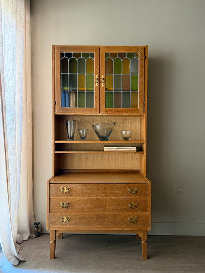 Danish oak & stained glass two piece hutch