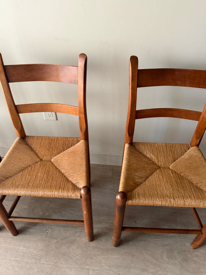 Pine rush seat dining chairs. Sold as a set of 4.