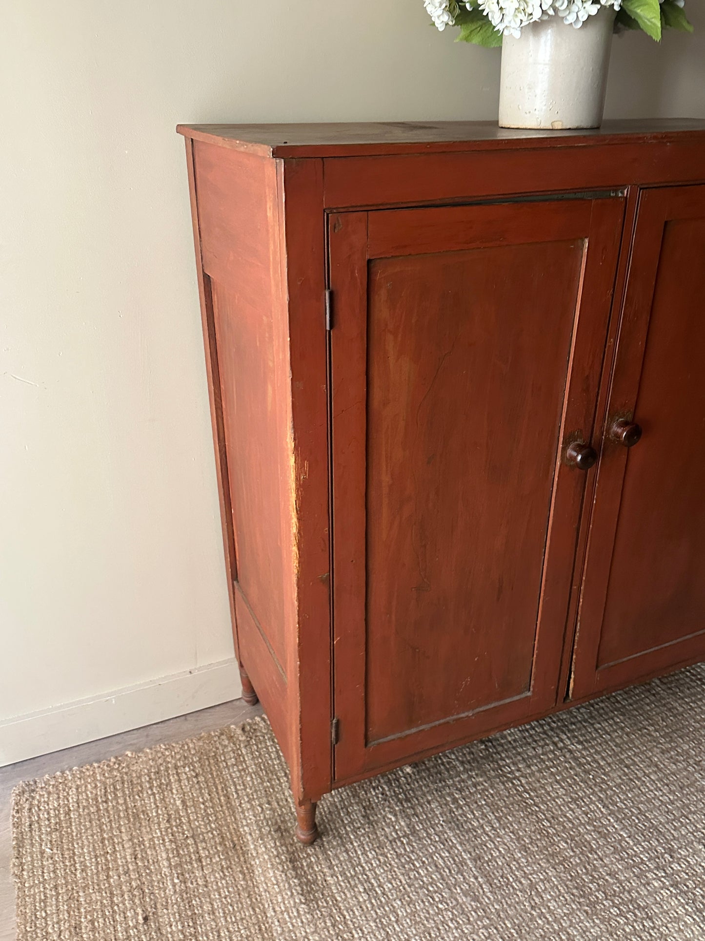 Red painted pine jelly cupboard