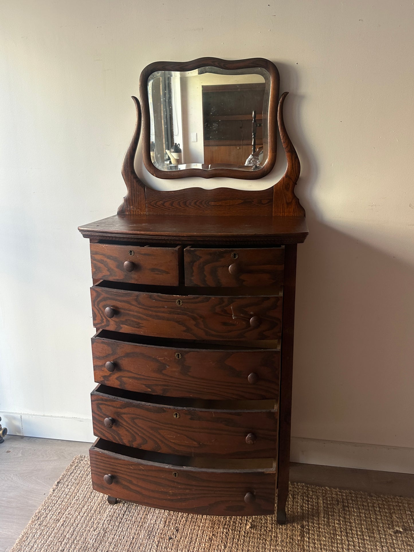 Oak tallboy with mirror
