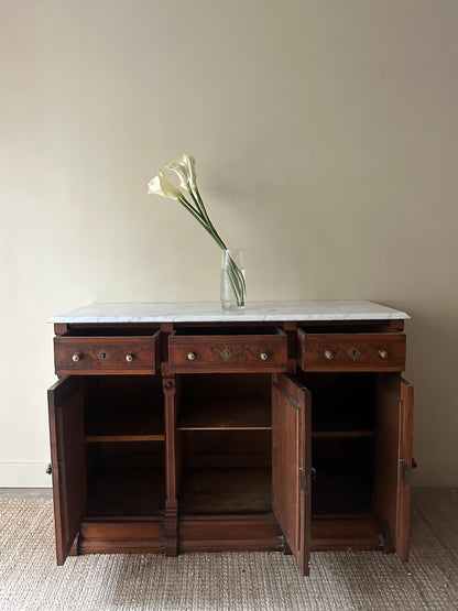Carved walnut marble top sideboard