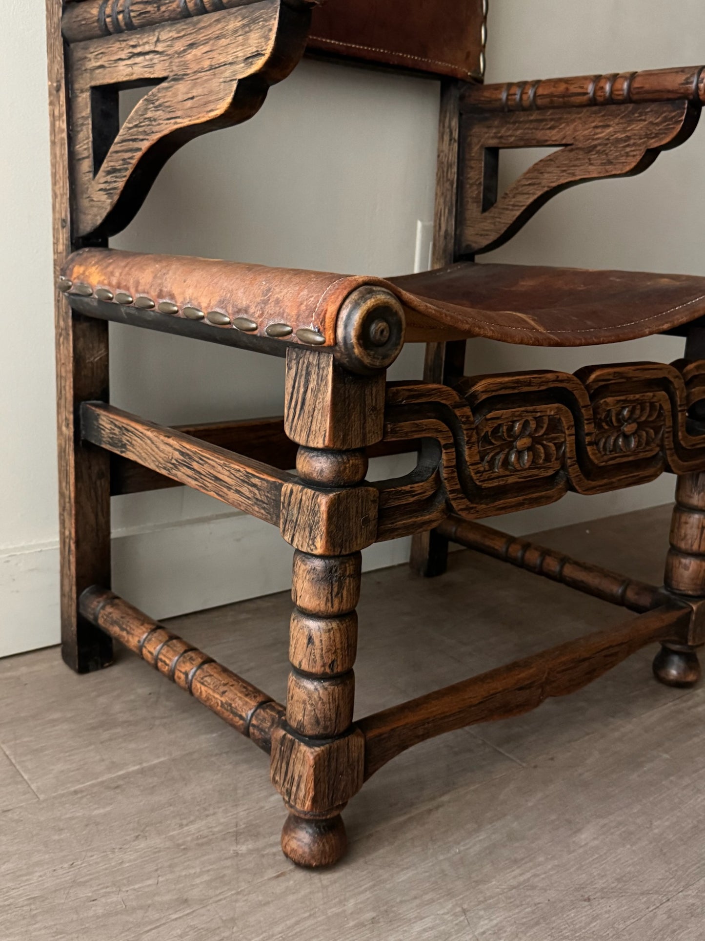 Spanish leather & oak arm chair