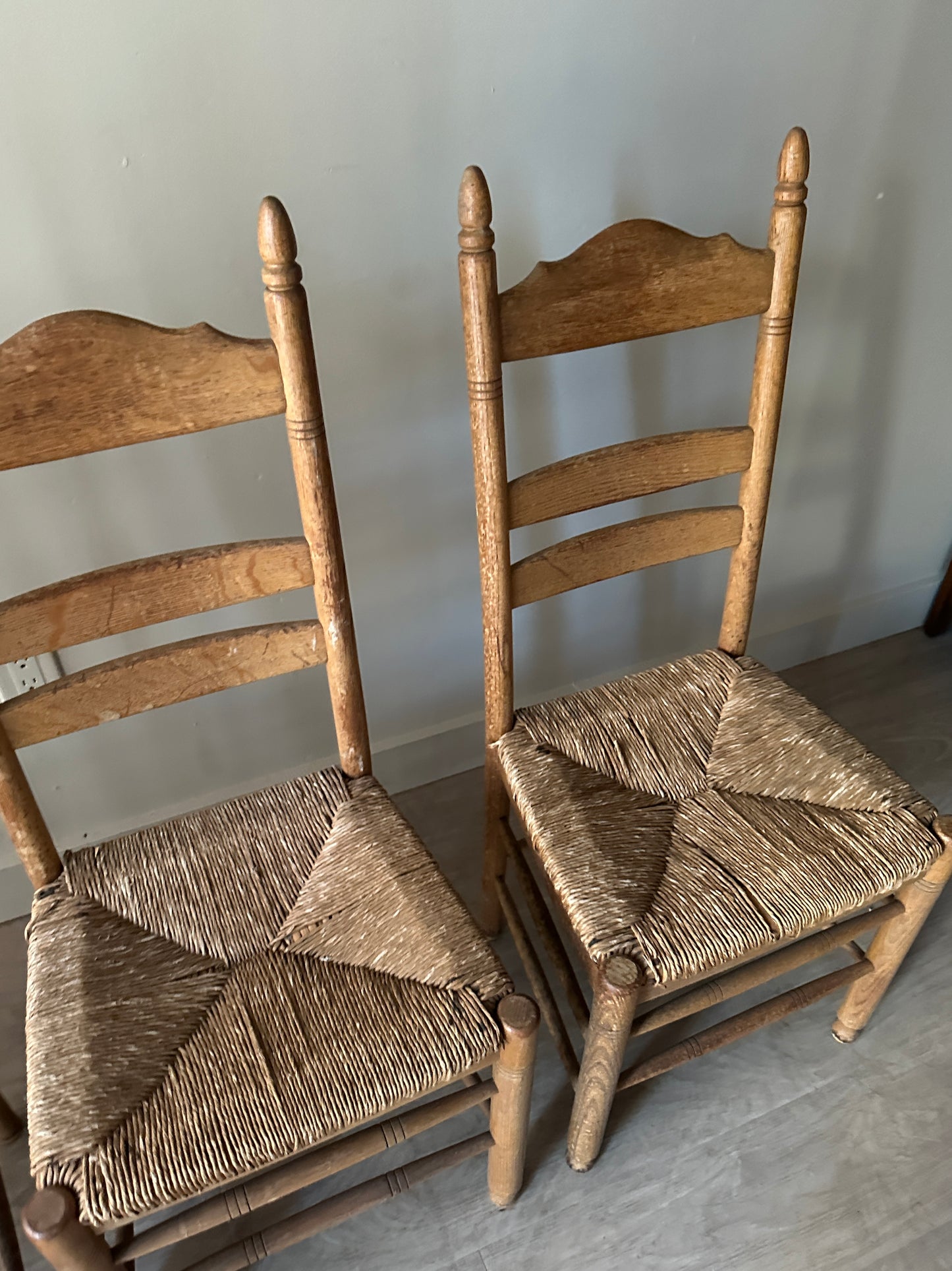 White oak rush seat dining chairs. Sets of 2.