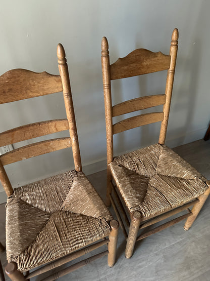 White oak rush seat dining chairs. Sets of 2.