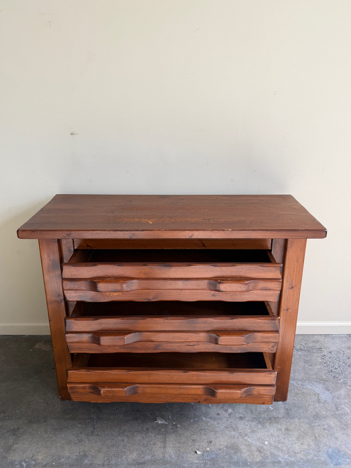Brutalist pine 3 drawer dresser