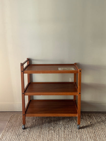Teak bar cart with tile inlay
