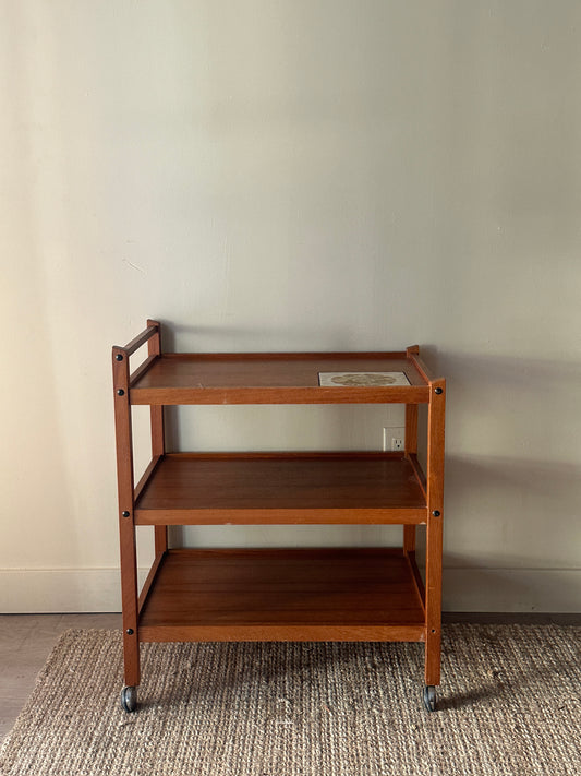 Teak bar cart with tile inlay