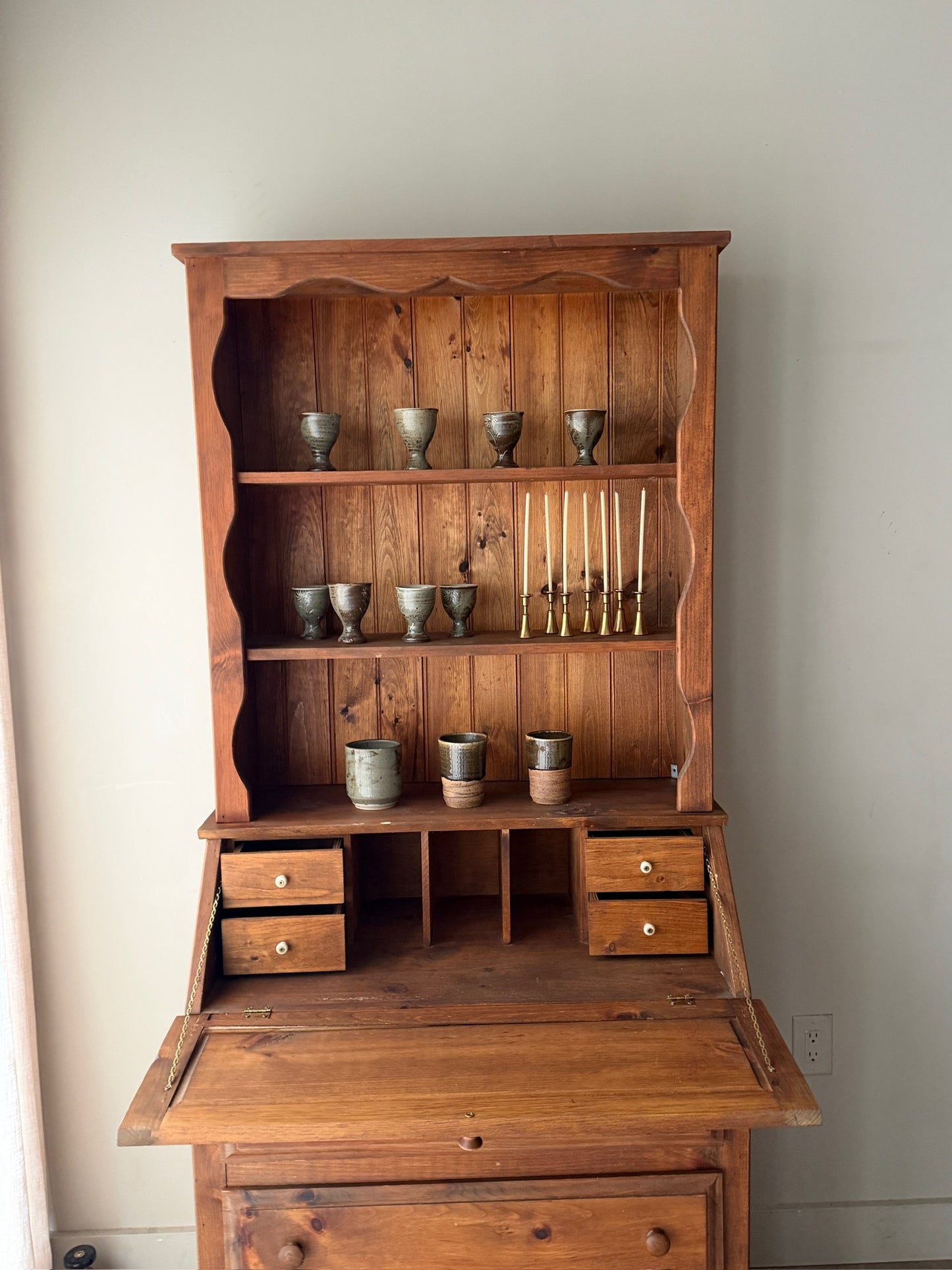 Pine two piece secretary hutch