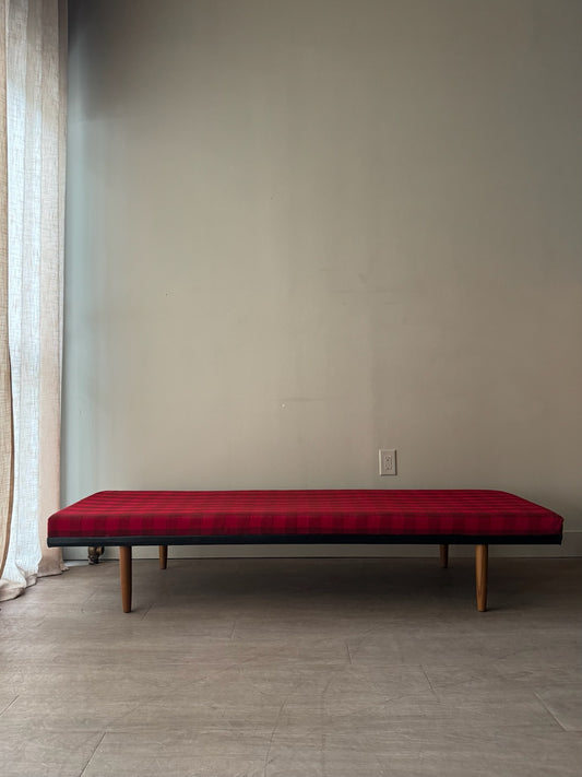 Danish plaid upholstered beech daybed