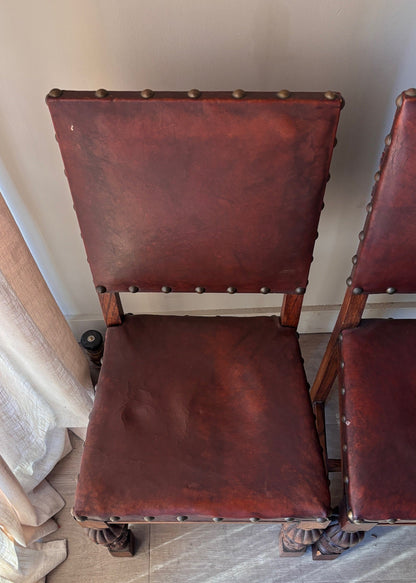 Leather and oak dining chairs. Sets of 2.
