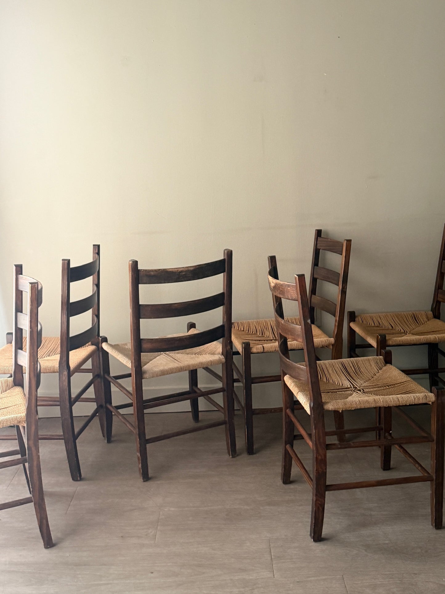 Scandinavian pine and cord dining chairs. Sold in pairs.