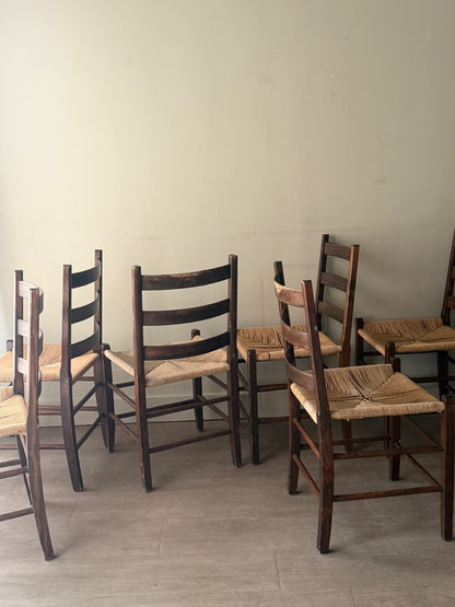 Scandinavian pine and cord dining chairs. Sold in pairs.