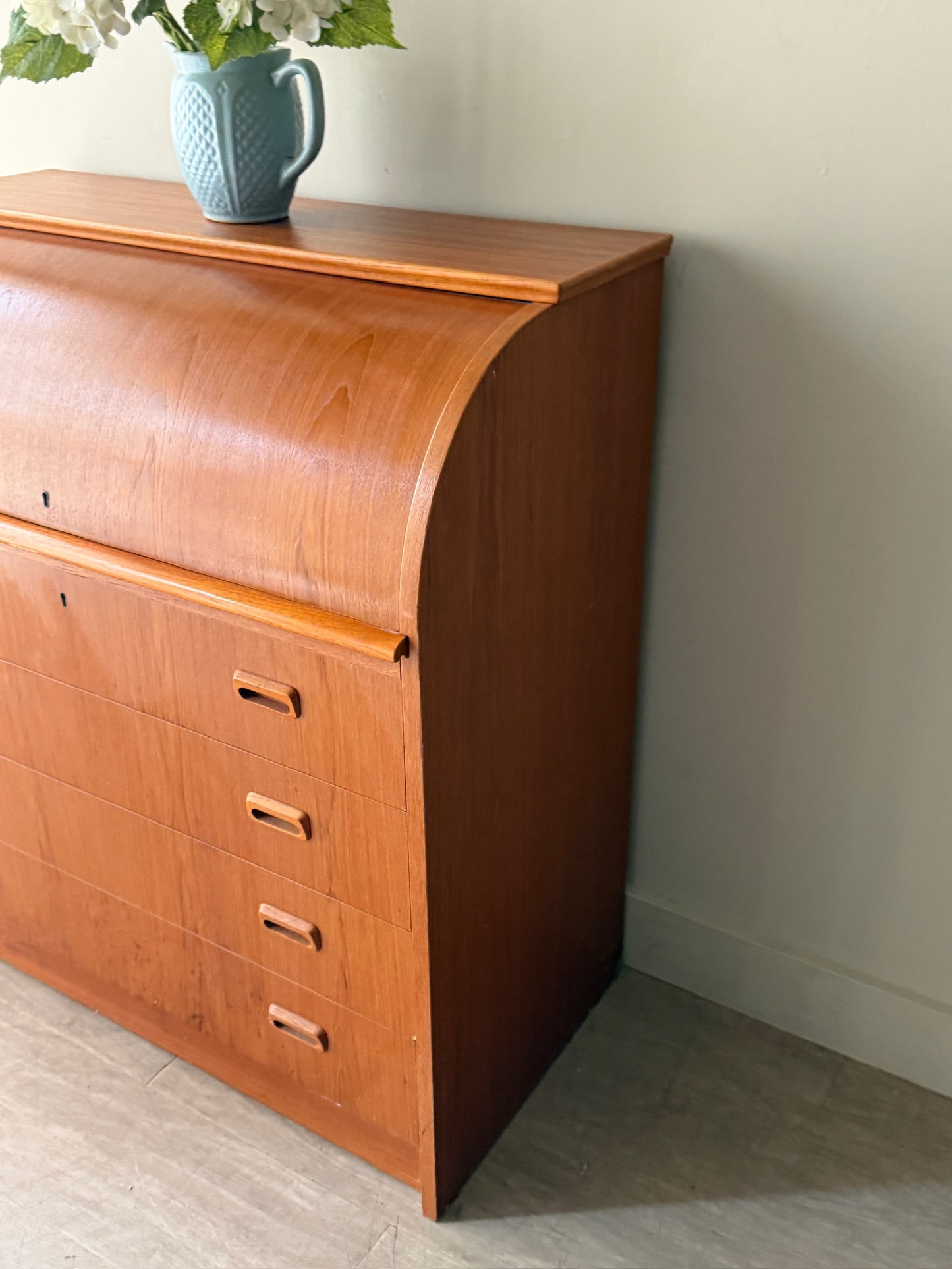 Scandinavian teak roll top secretary dresser
