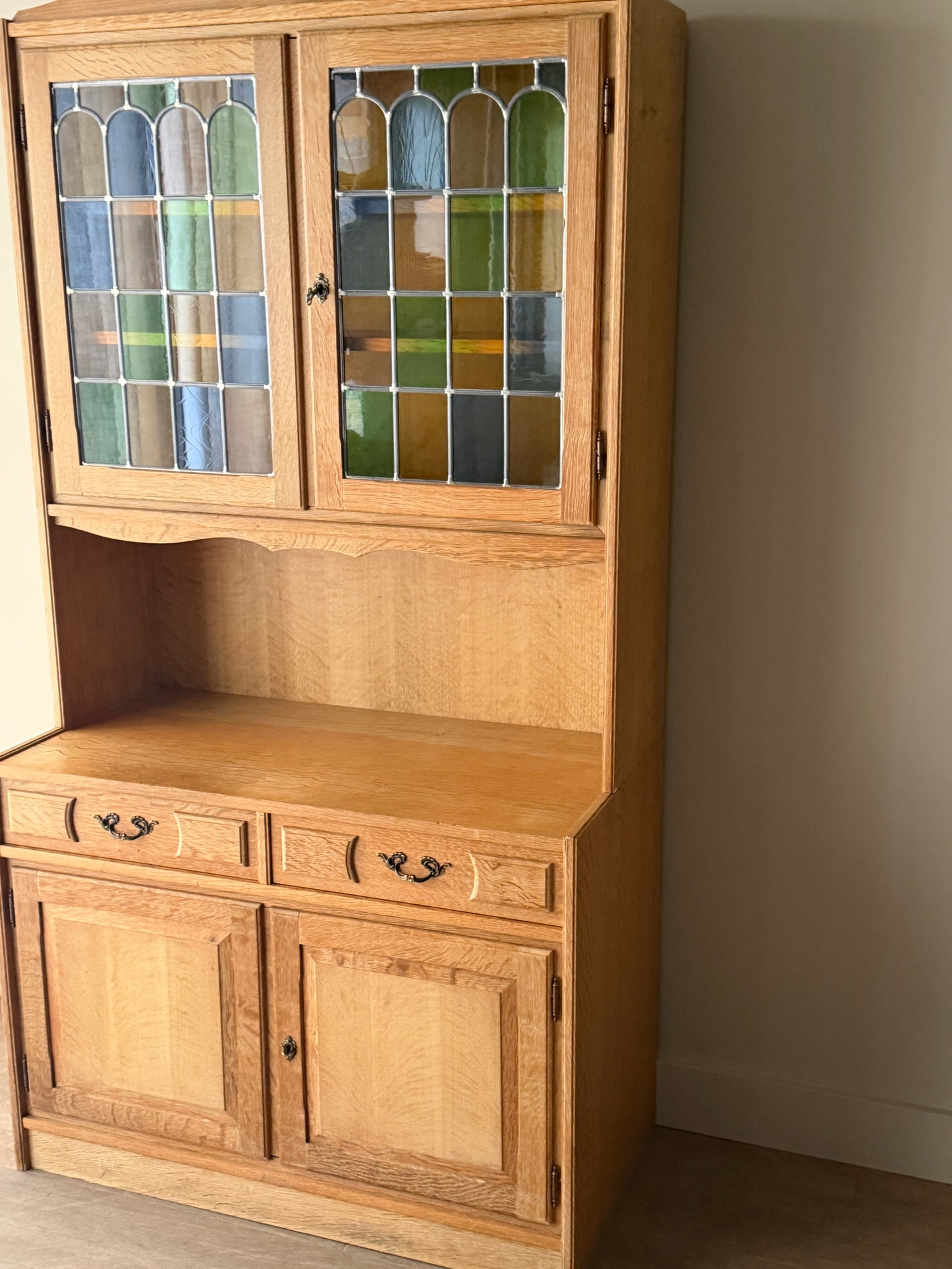 Danish oak & stained glass two piece hutch