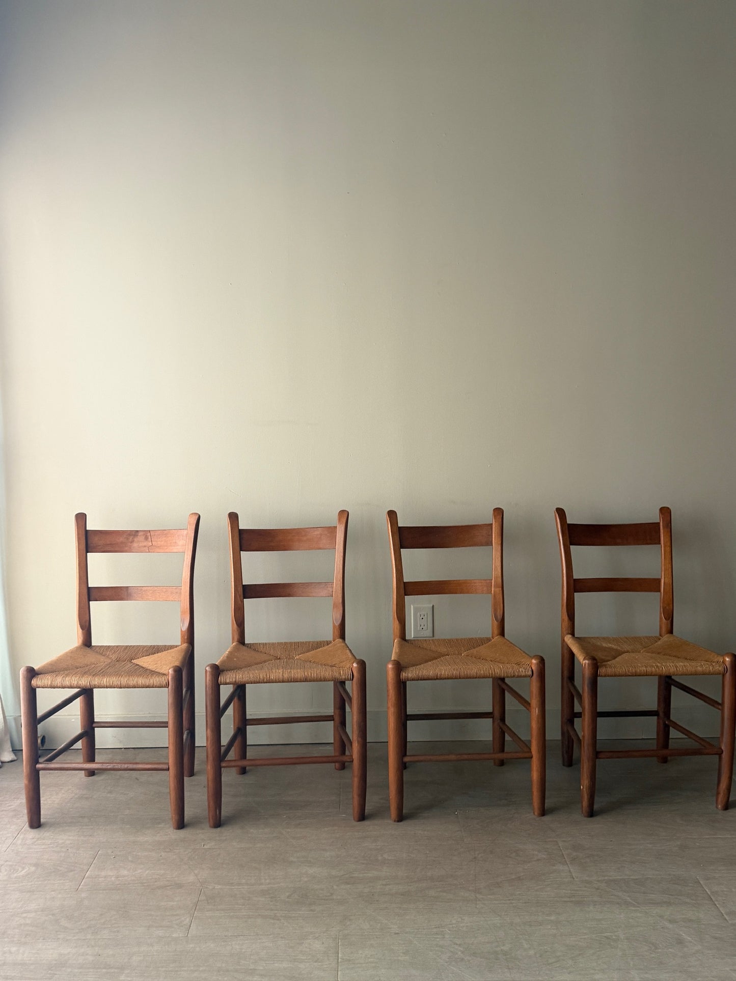 Pine rush seat dining chairs. Sold as a set of 4.