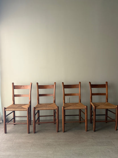 Pine rush seat dining chairs. Sold as a set of 4.