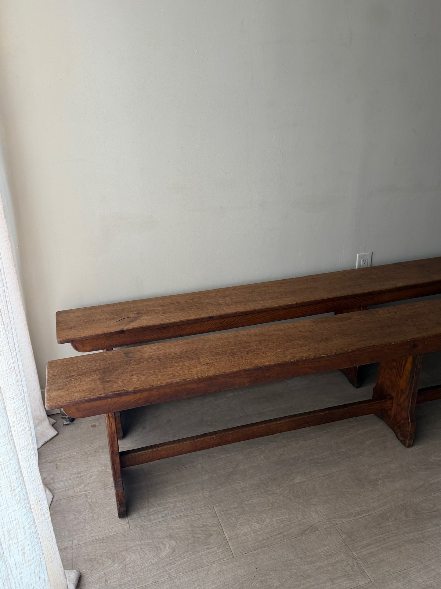 Golden oak benches. Sold individually.