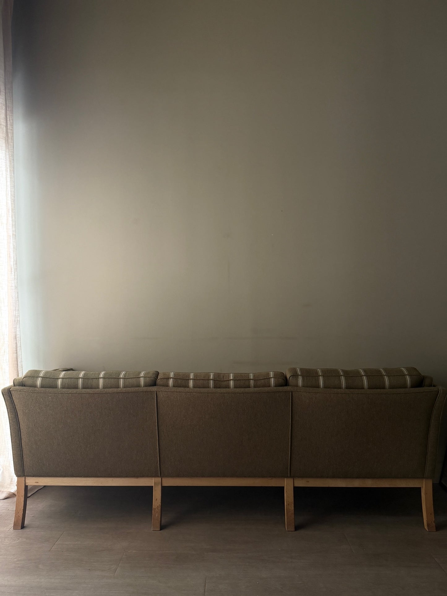 Danish green striped wool & oak sofa