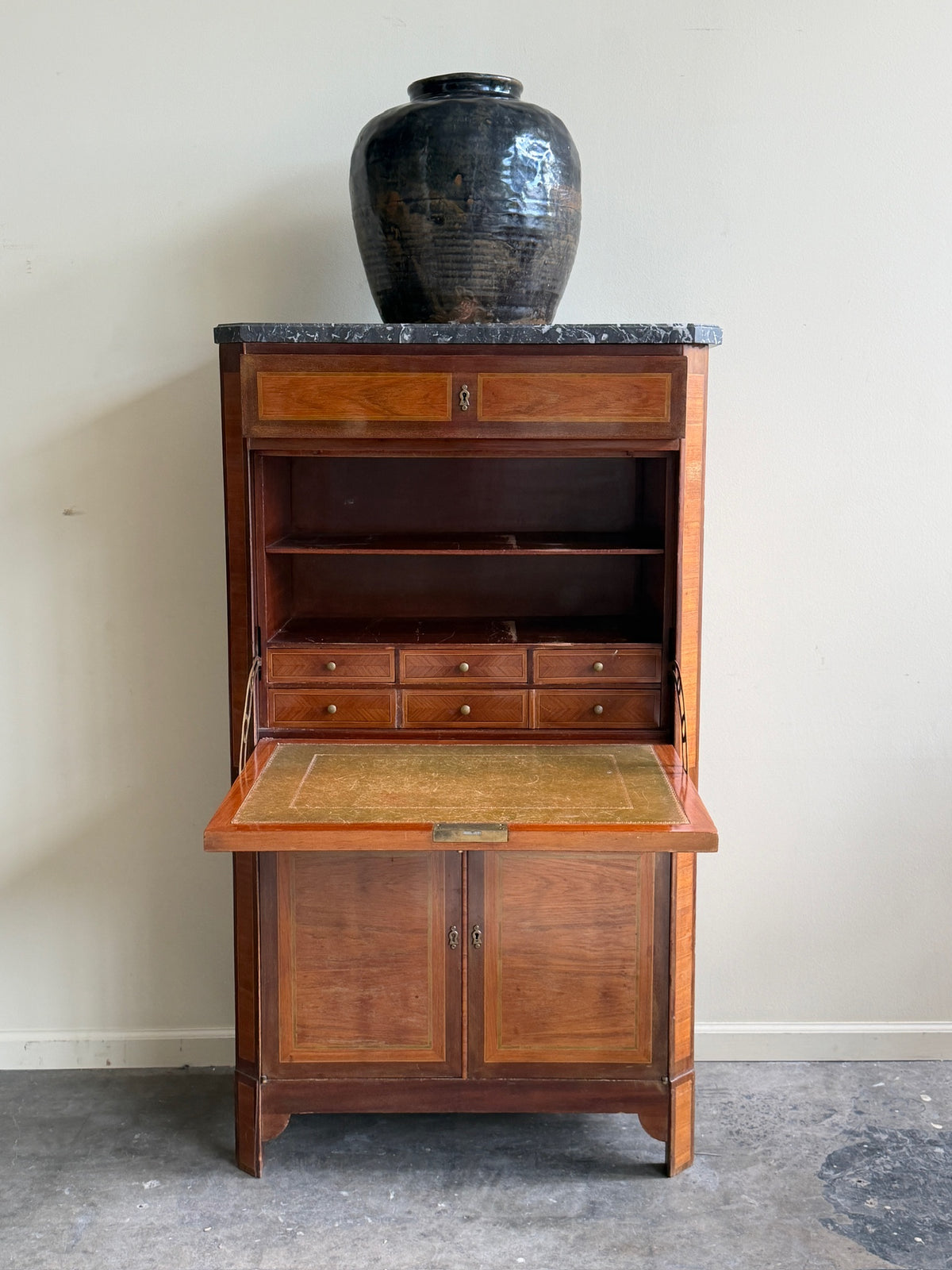 Walnut & mahogany marble top secretary cabinet