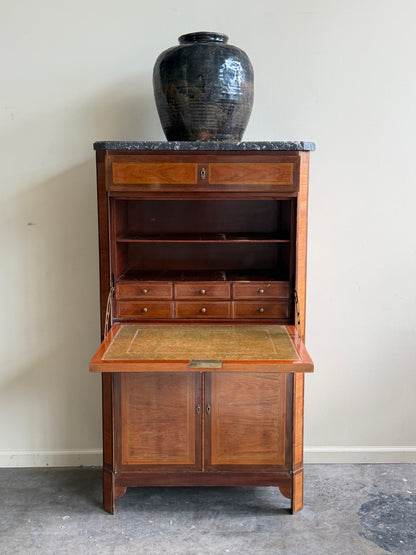 Walnut & mahogany marble top secretary cabinet