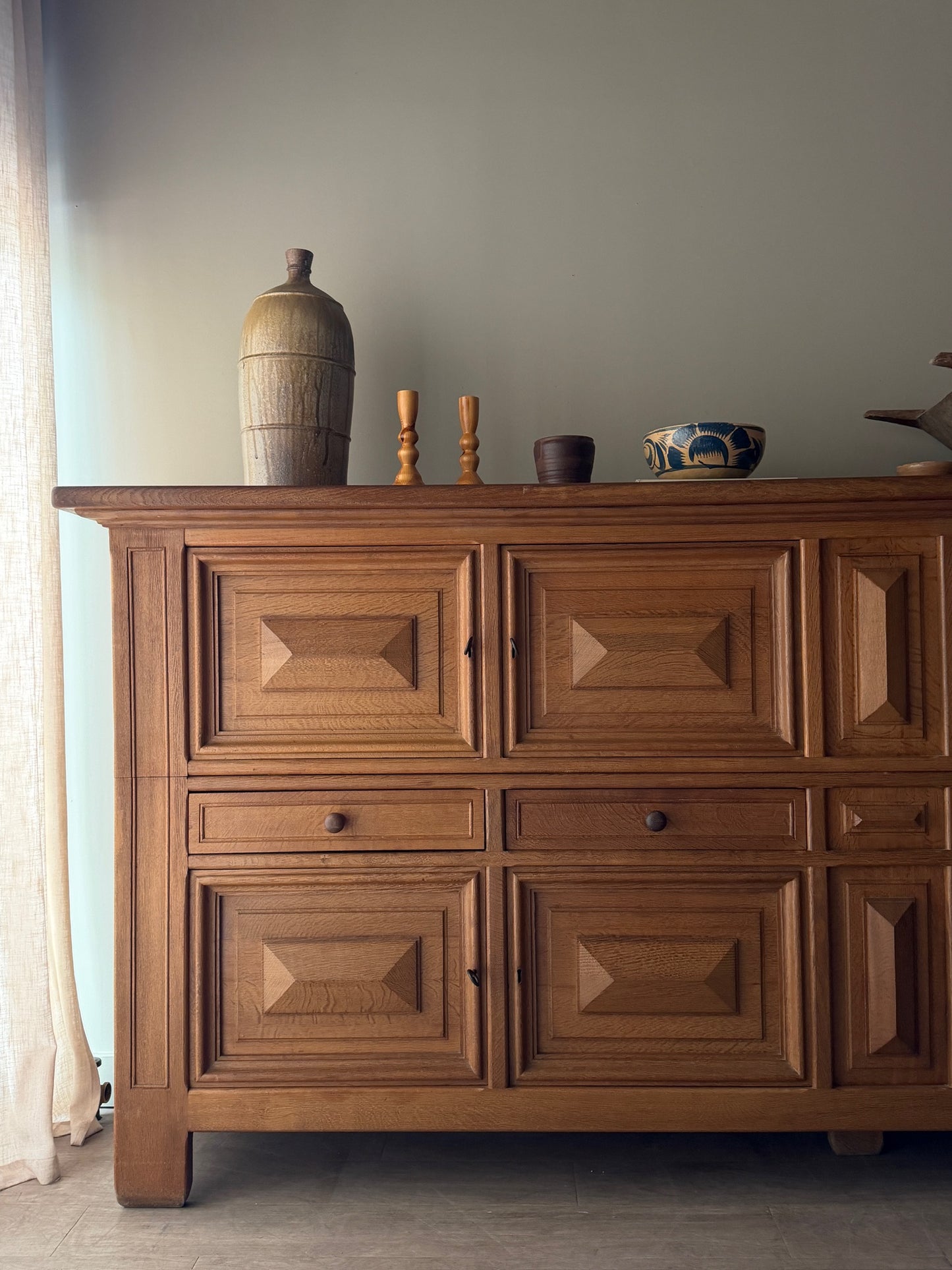 Brutalist Dutch oak two piece sideboard