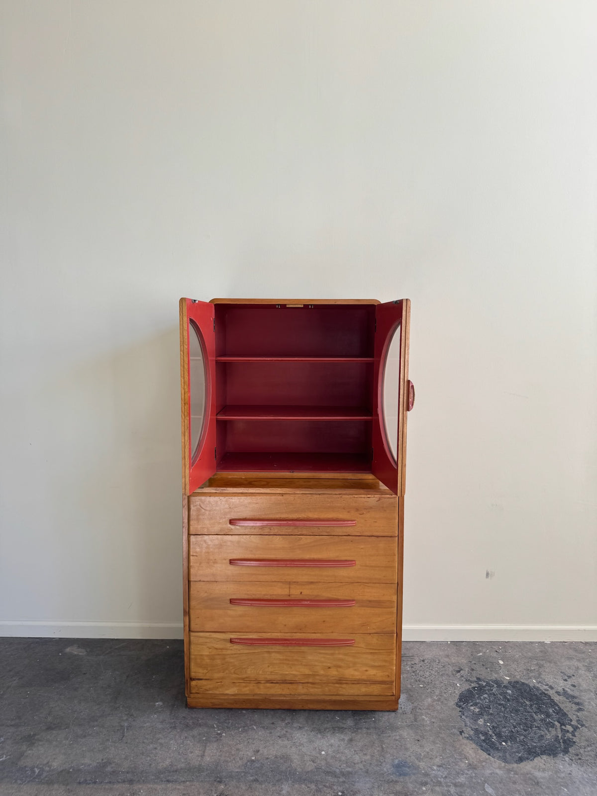 Maple two piece hutch with red painted pulls