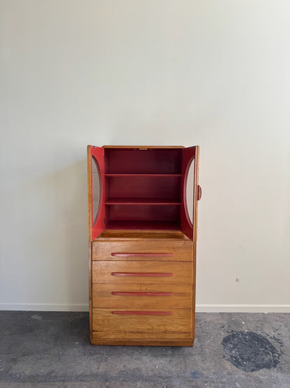 Maple two piece hutch with red painted pulls