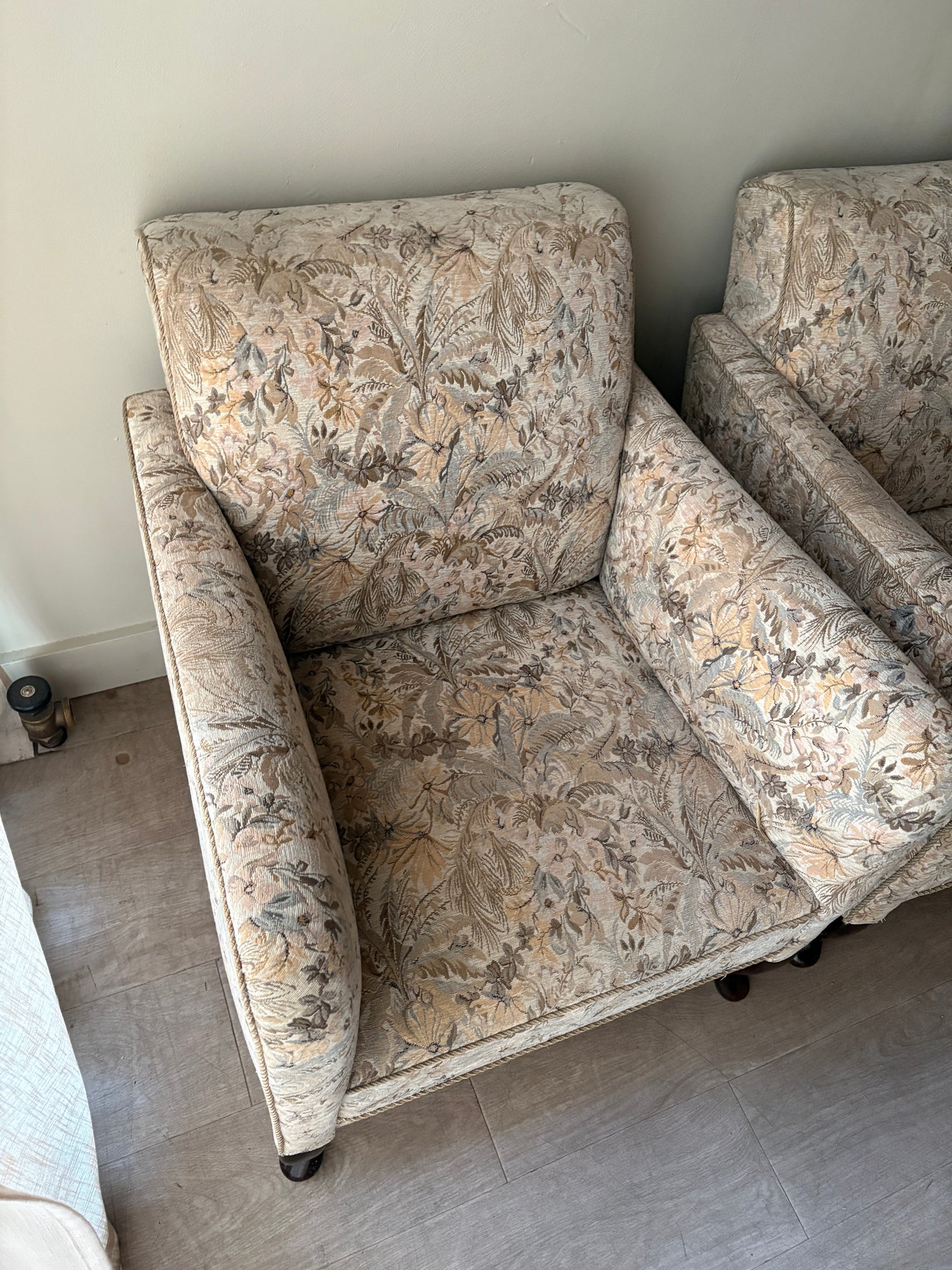 Danish floral upholstered lounge chairs. Sold individually.