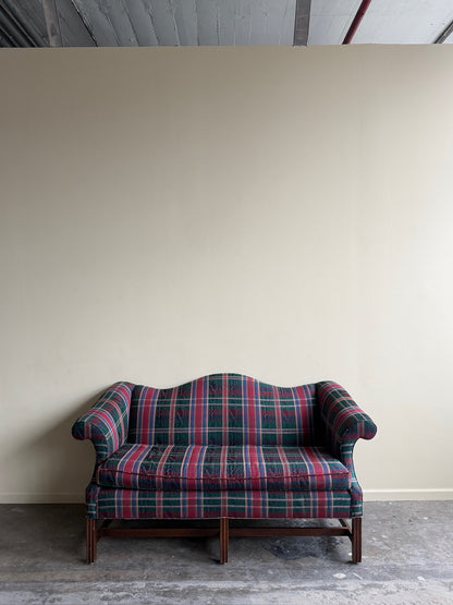Camelback loveseat in plaid moiré upholstery