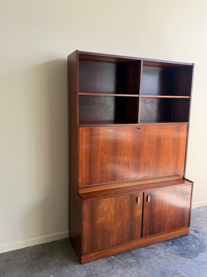 Danish rosewood bookcase cabinet with drop down bar
