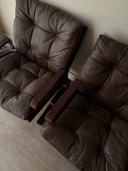 Einar Hove Norwegian brown leather lounge chairs. Sold individually.