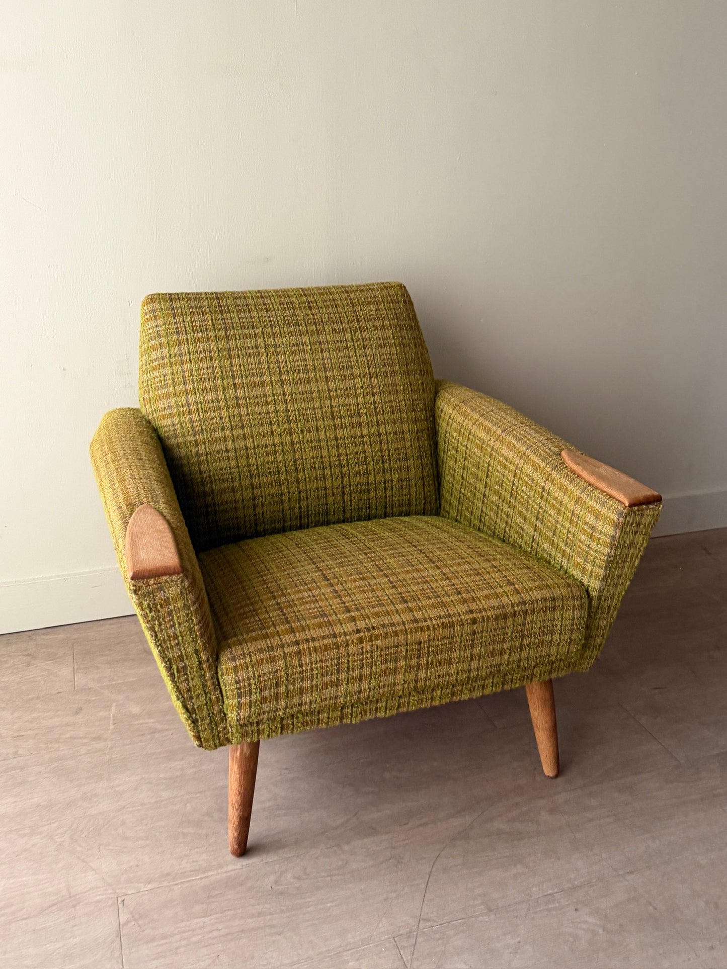 Green plaid Danish lounge chair