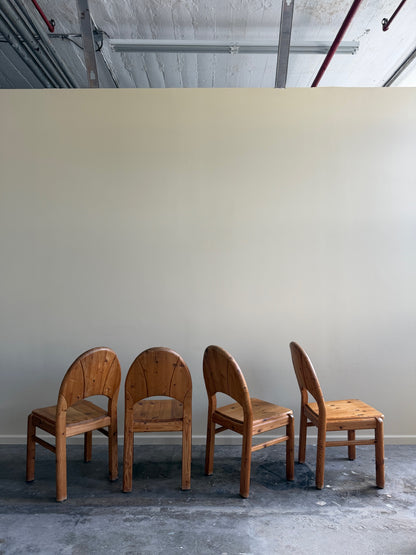 Danish pine dining chairs. Sold in pairs.