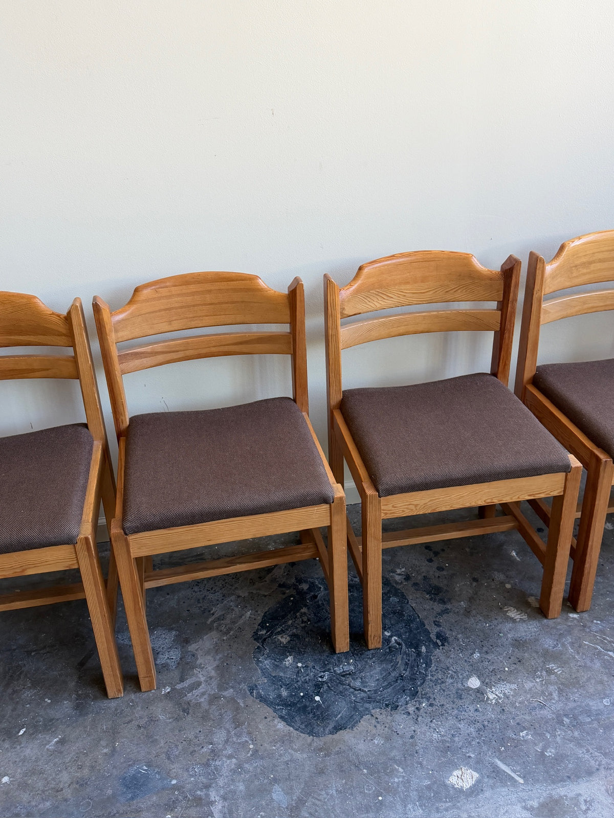 Swedish pine upholstered dining chairs. Sold individually.