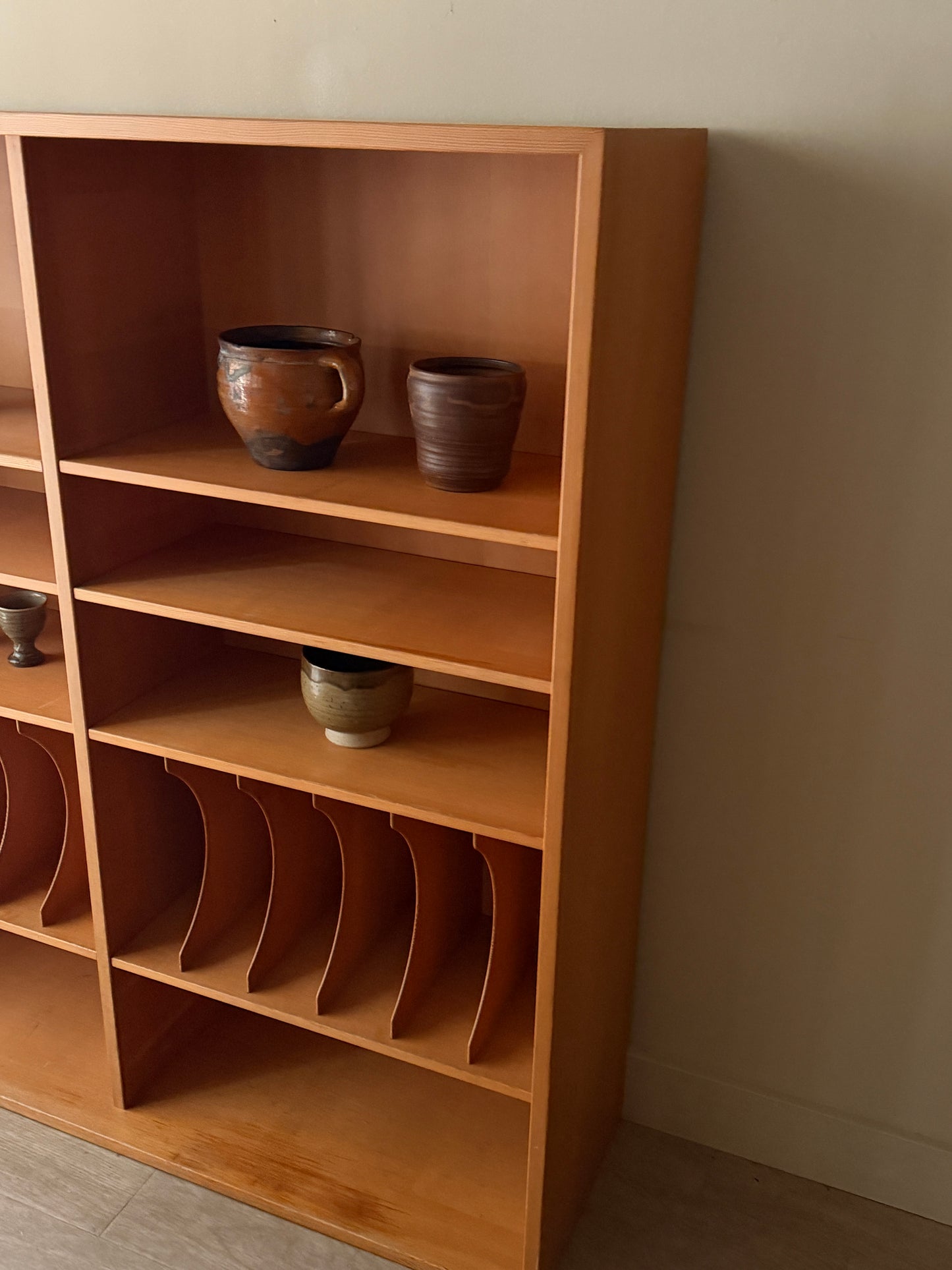 Scandinavian pine bookcase with record storage