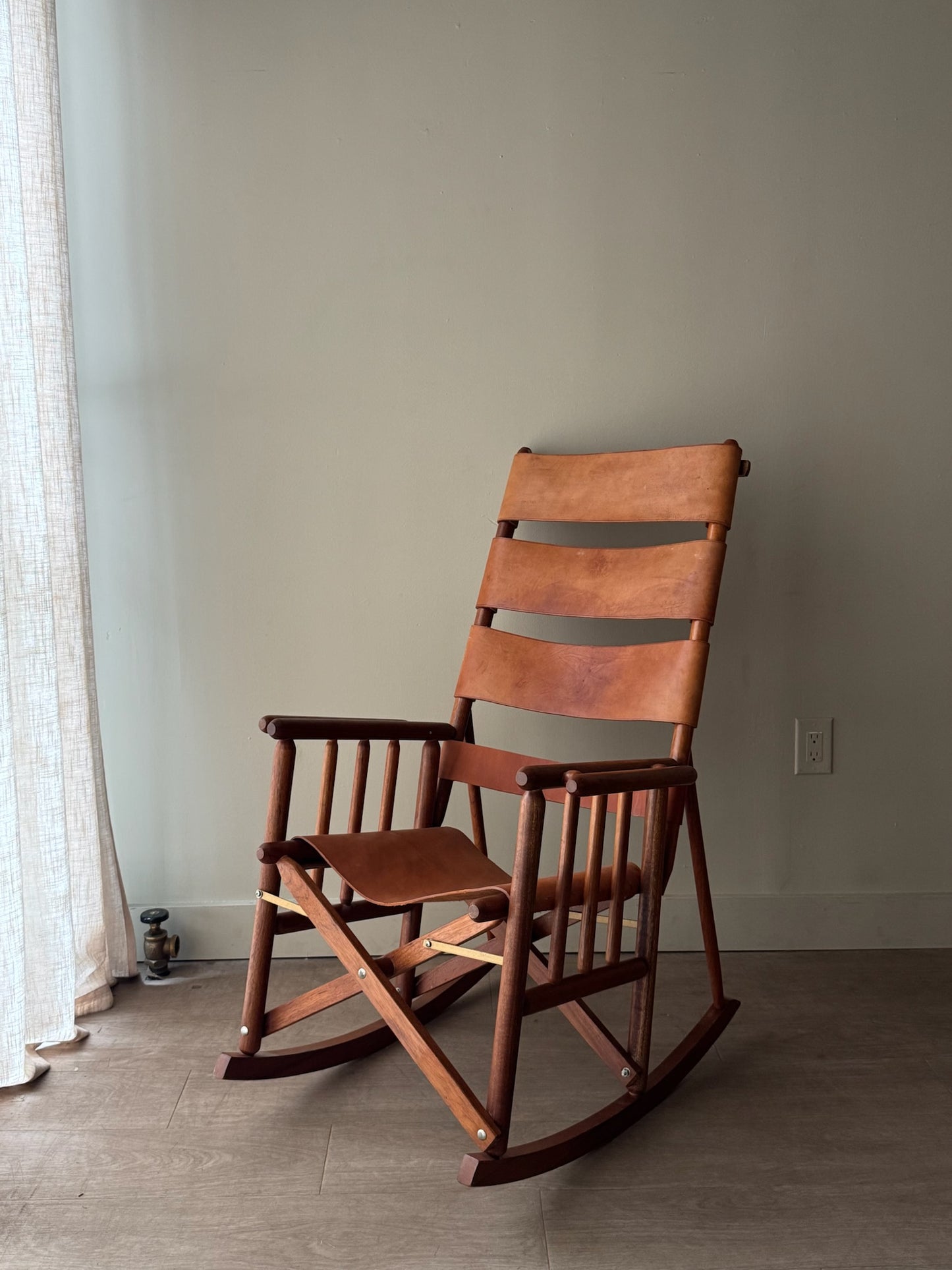 Folding Leather and Walnut Rocking chair