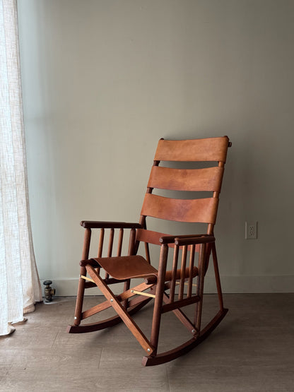 Folding Leather and Walnut Rocking chair