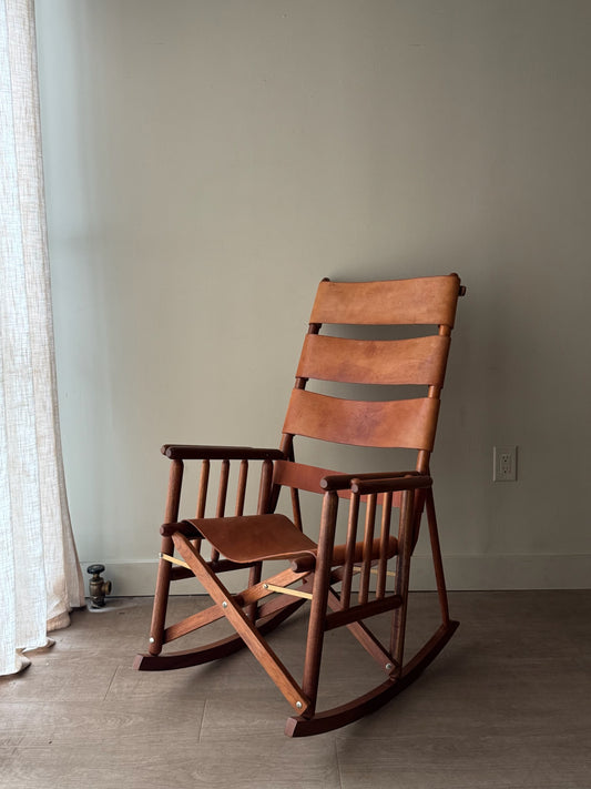 Folding Leather and Walnut Rocking chair