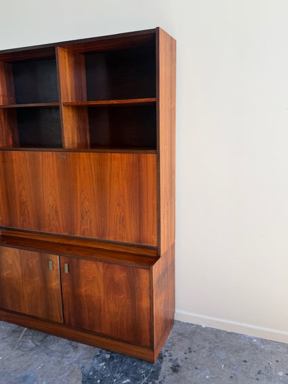 Danish rosewood bookcase cabinet with drop down bar