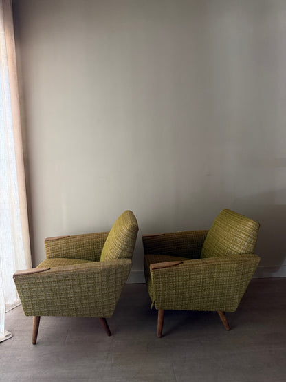 Green plaid Danish lounge chairs. Sold individually.