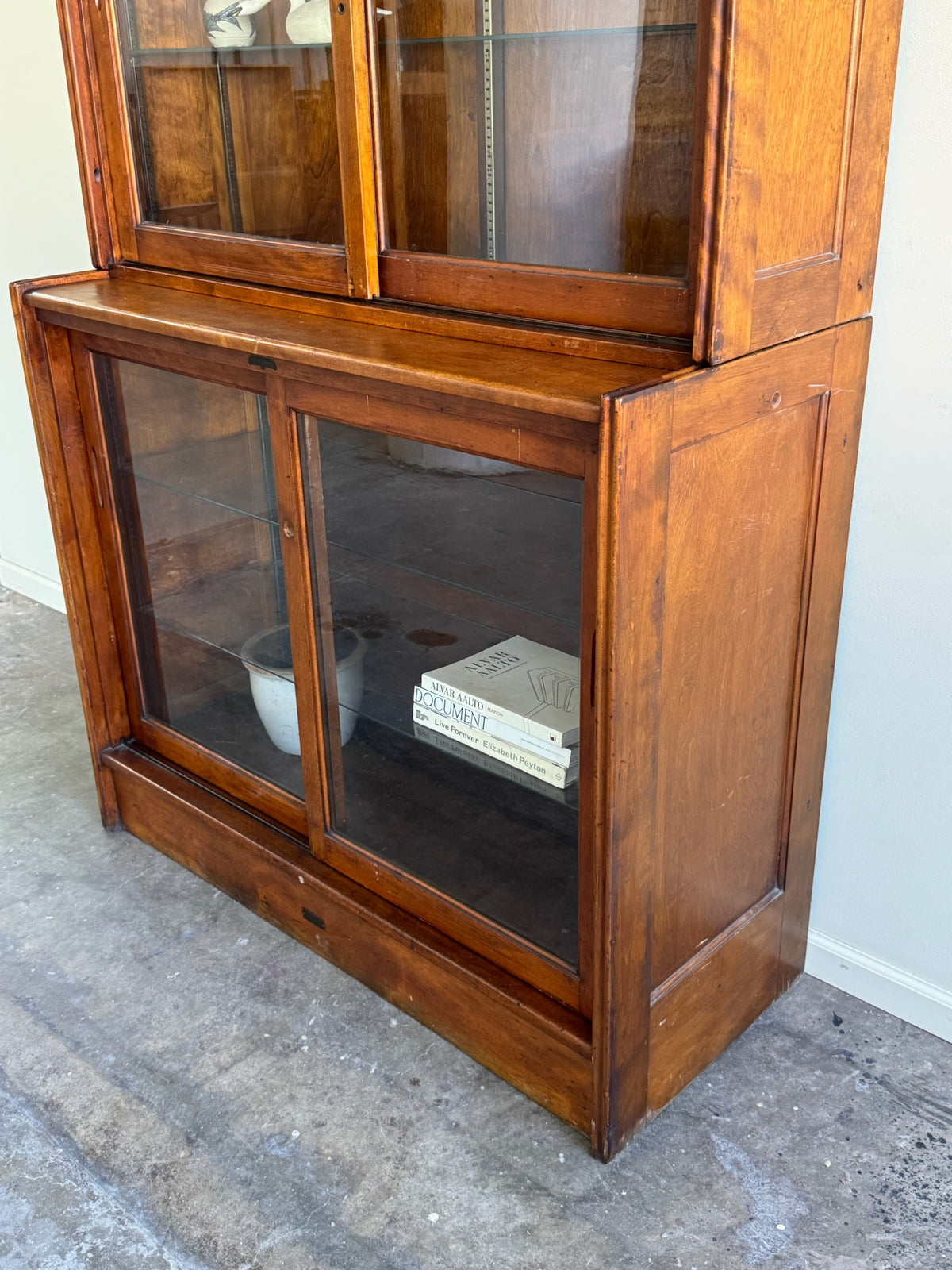 Walnut glass mercantile two piece display case