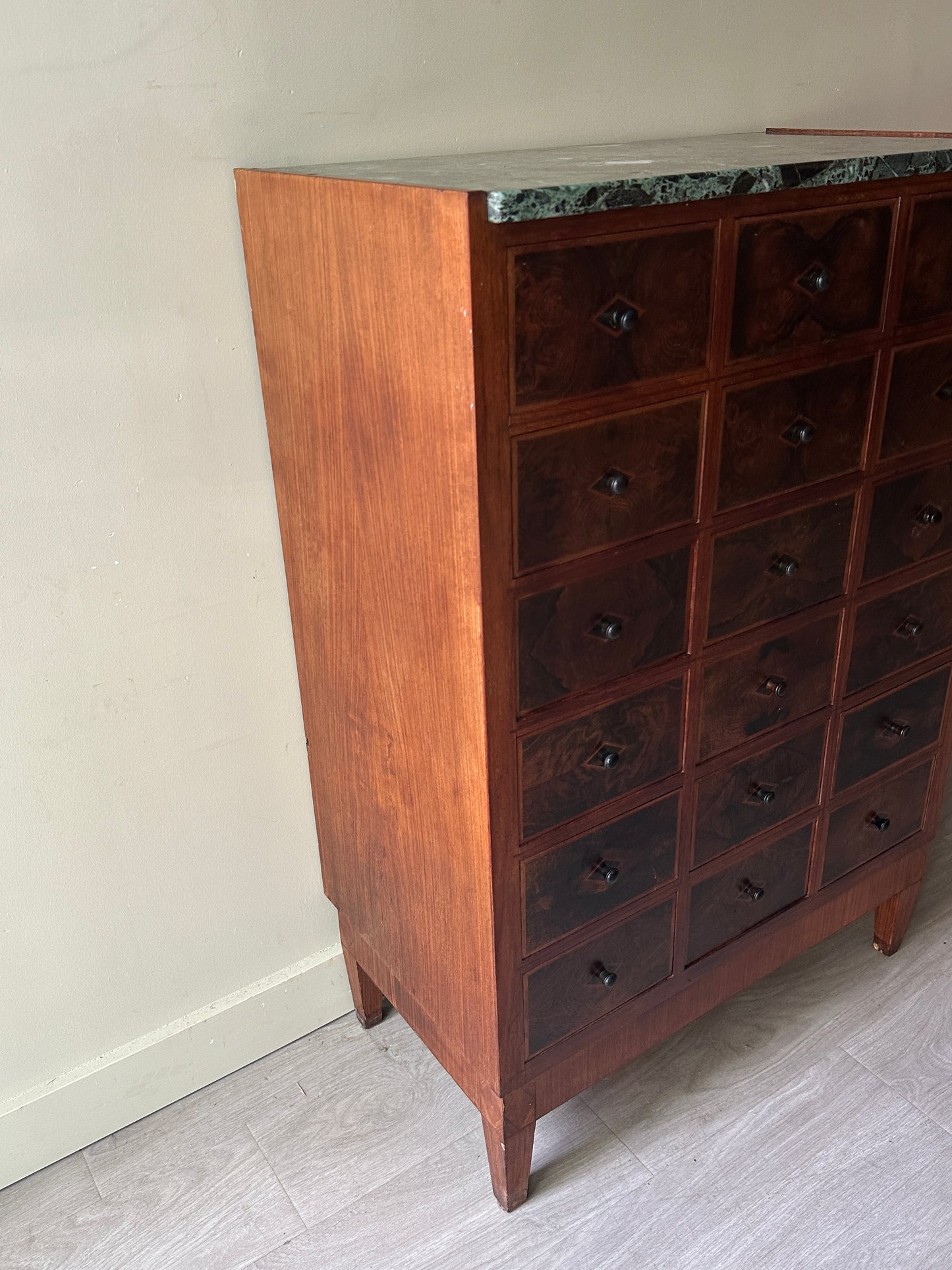 Vereinigte Werkstatten walnut and marble apothecary drawers